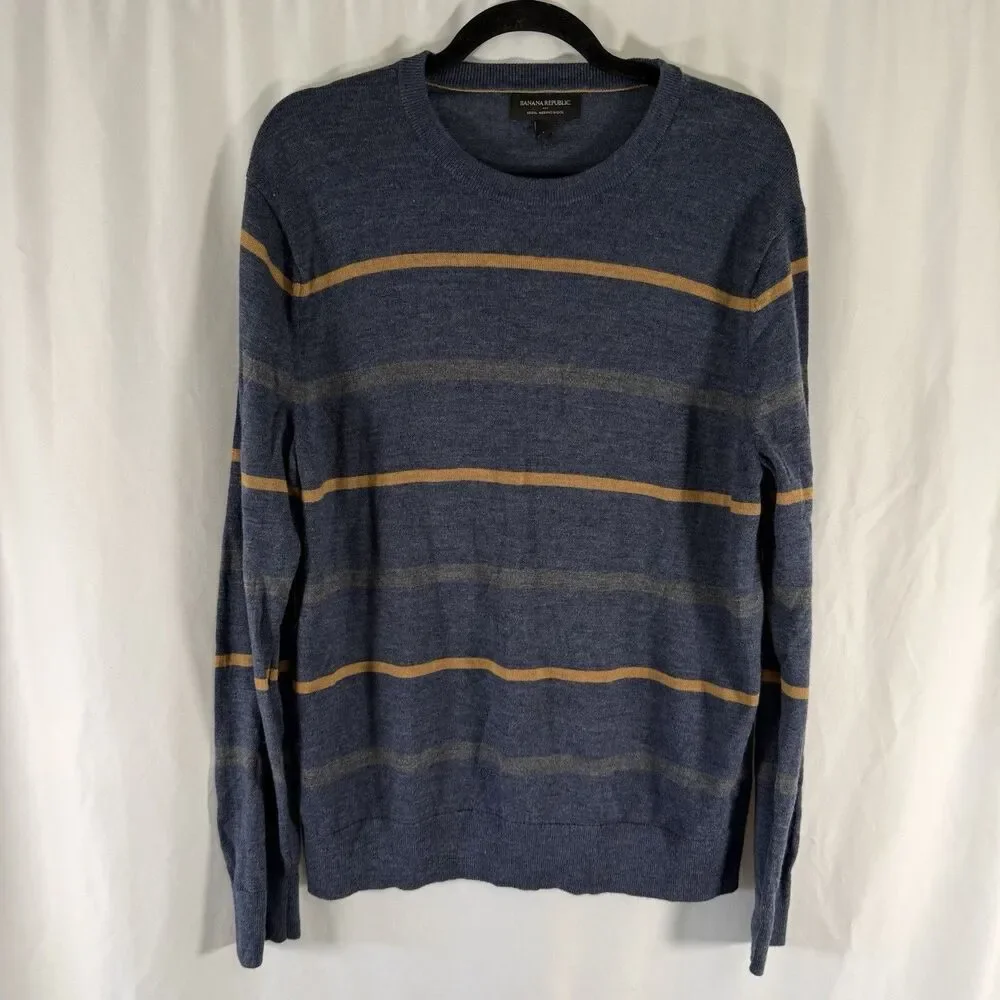 Banana Republic 100% Merino Wool Sweater Men's Large Blue Striped Knit Long Slv
